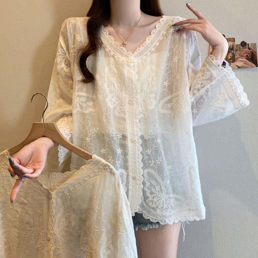 Summer gauze sun shirt thin V-neck shirts for women