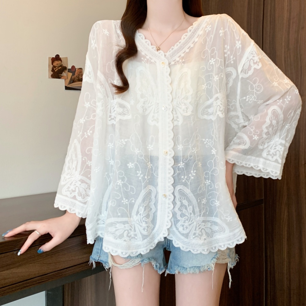 Summer gauze sun shirt thin V-neck shirts for women