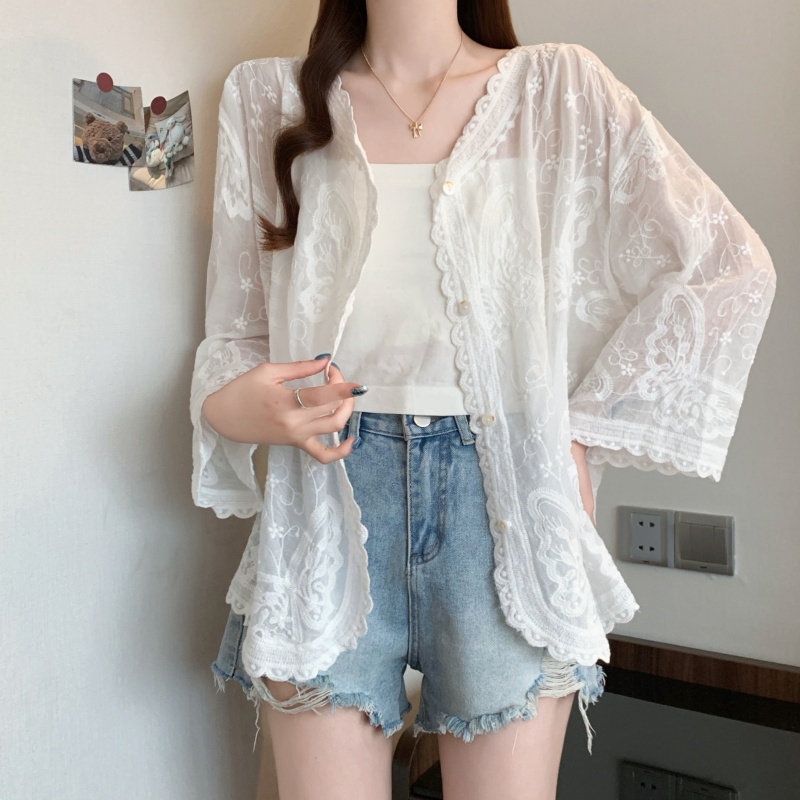 Summer gauze sun shirt thin V-neck shirts for women