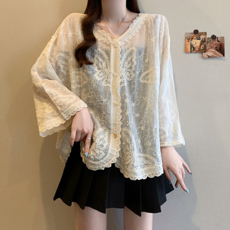 Summer gauze sun shirt thin V-neck shirts for women