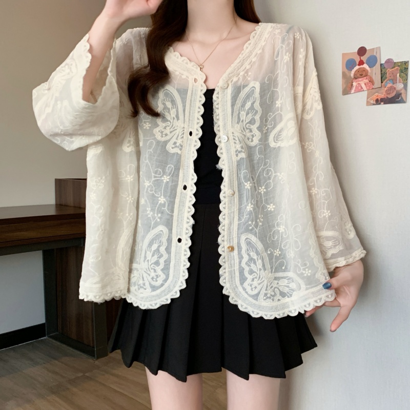 Summer gauze sun shirt thin V-neck shirts for women