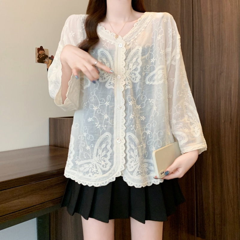 Summer gauze sun shirt thin V-neck shirts for women