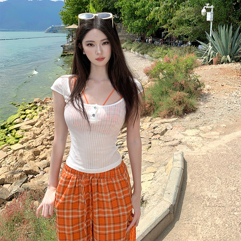 Plaid wide leg smock inside the ride long pants 3pcs set