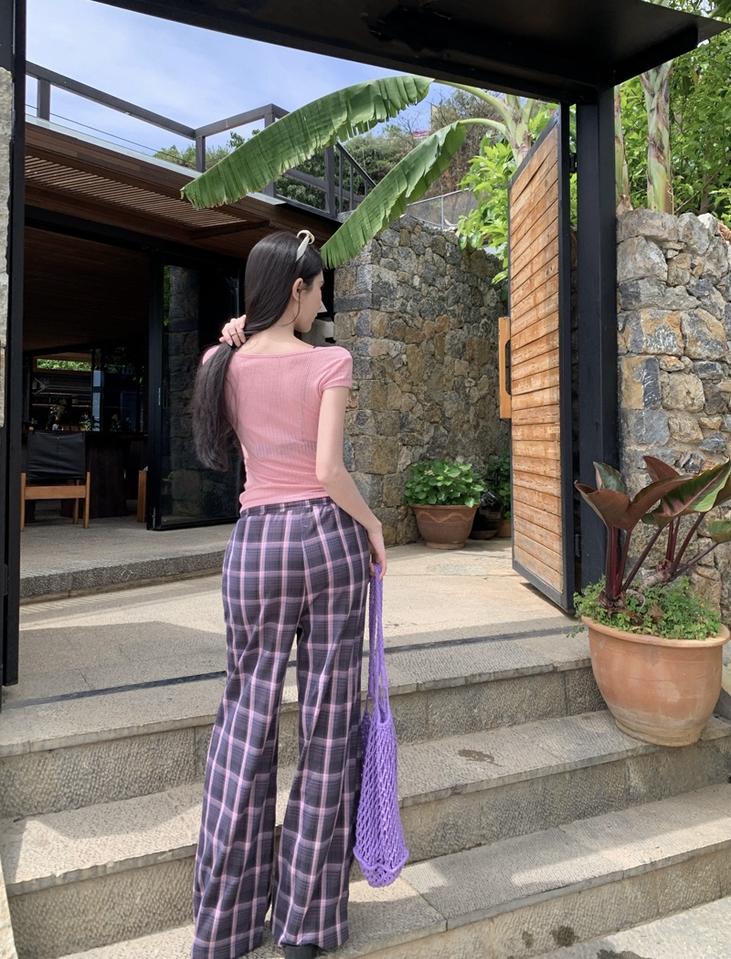 Plaid wide leg smock inside the ride long pants 3pcs set
