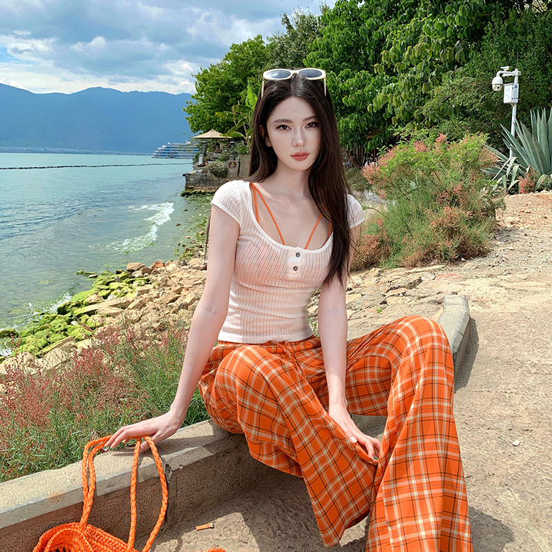 Plaid wide leg smock inside the ride long pants 3pcs set