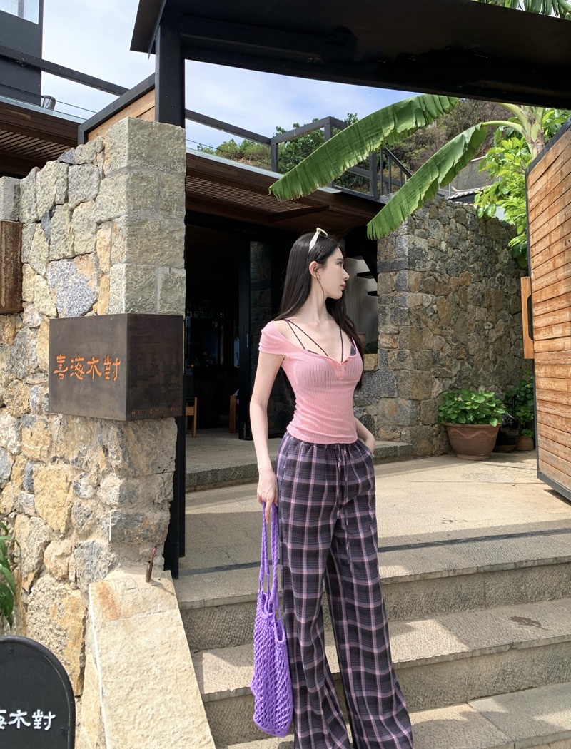 Plaid wide leg smock inside the ride long pants 3pcs set