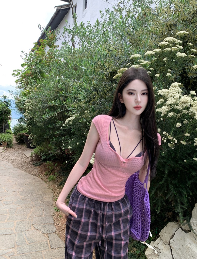 Plaid wide leg smock inside the ride long pants 3pcs set