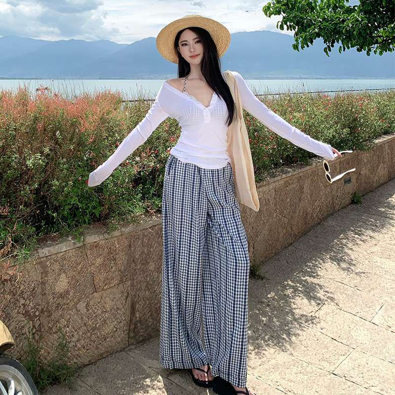 Bikini seaside smock plaid vacation casual pants 3pcs set