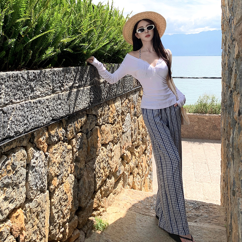 Bikini seaside smock plaid vacation casual pants 3pcs set