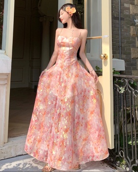 Seaside sling vacation long dress jacquard chiffon summer dress