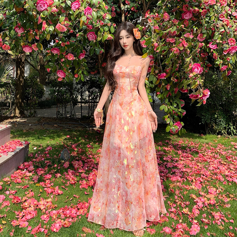 Seaside sling vacation long dress jacquard chiffon summer dress