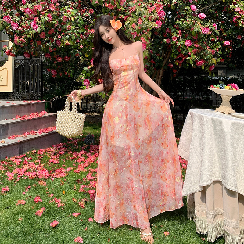 Seaside sling vacation long dress jacquard chiffon summer dress