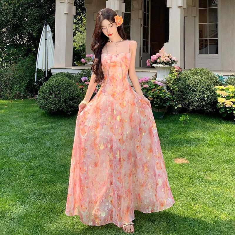 Seaside sling vacation long dress jacquard chiffon summer dress