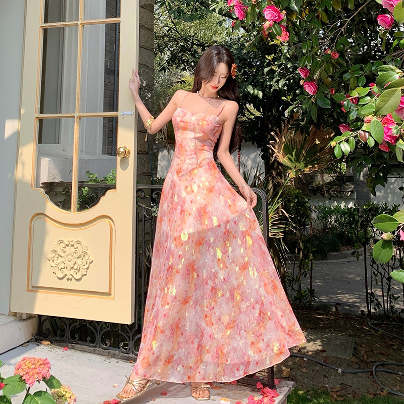 Seaside sling vacation long dress jacquard chiffon summer dress