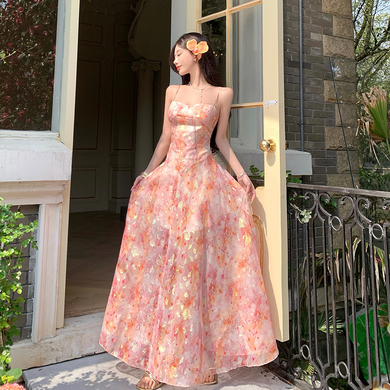 Seaside sling vacation long dress jacquard chiffon summer dress