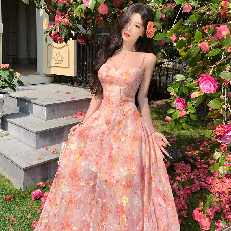 Seaside sling vacation long dress jacquard chiffon summer dress