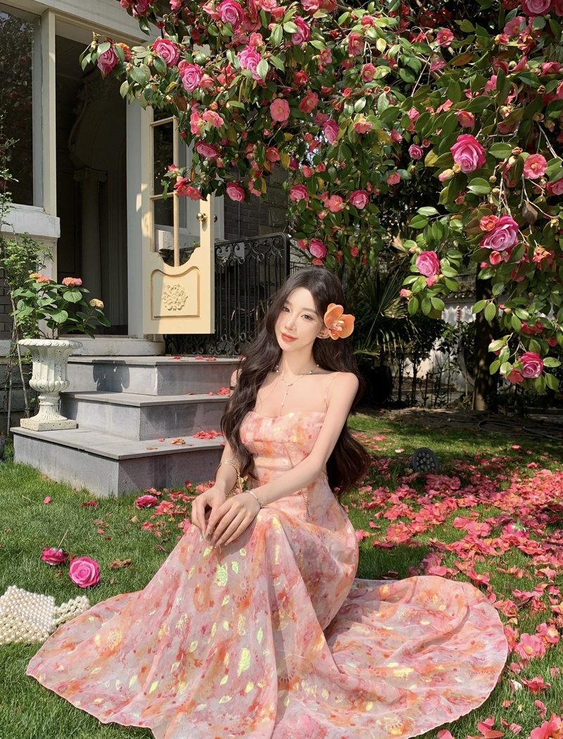 Seaside sling vacation long dress jacquard chiffon summer dress