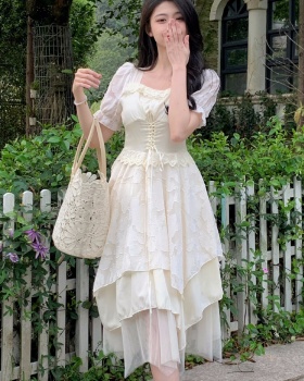 Square collar pinched waist irregular autumn dress for women