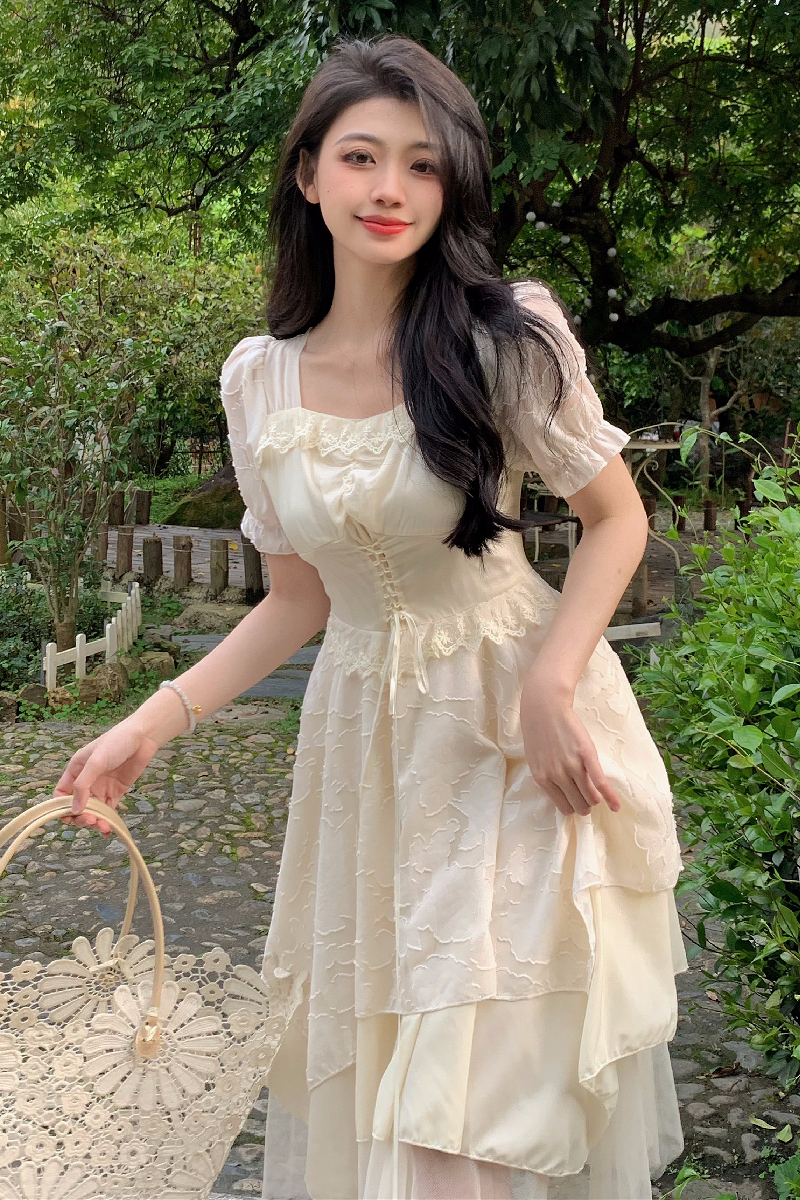 Square collar pinched waist irregular autumn dress for women