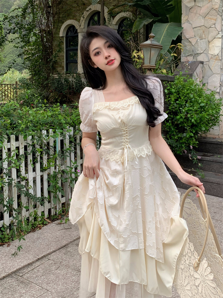 Square collar pinched waist irregular autumn dress for women