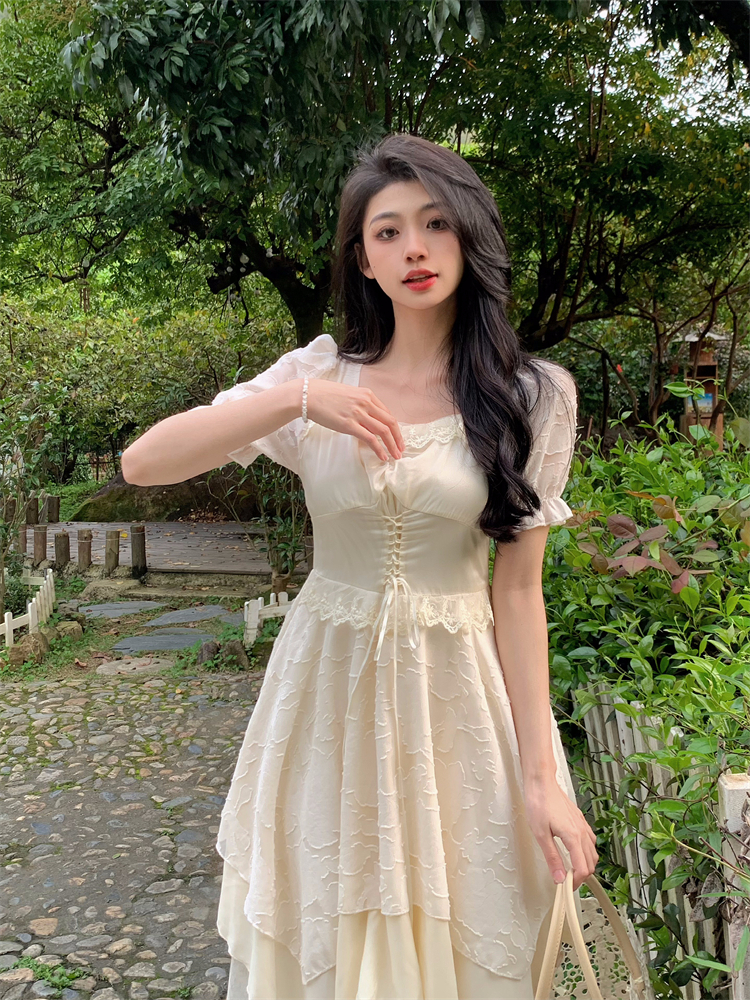 Square collar pinched waist irregular autumn dress for women