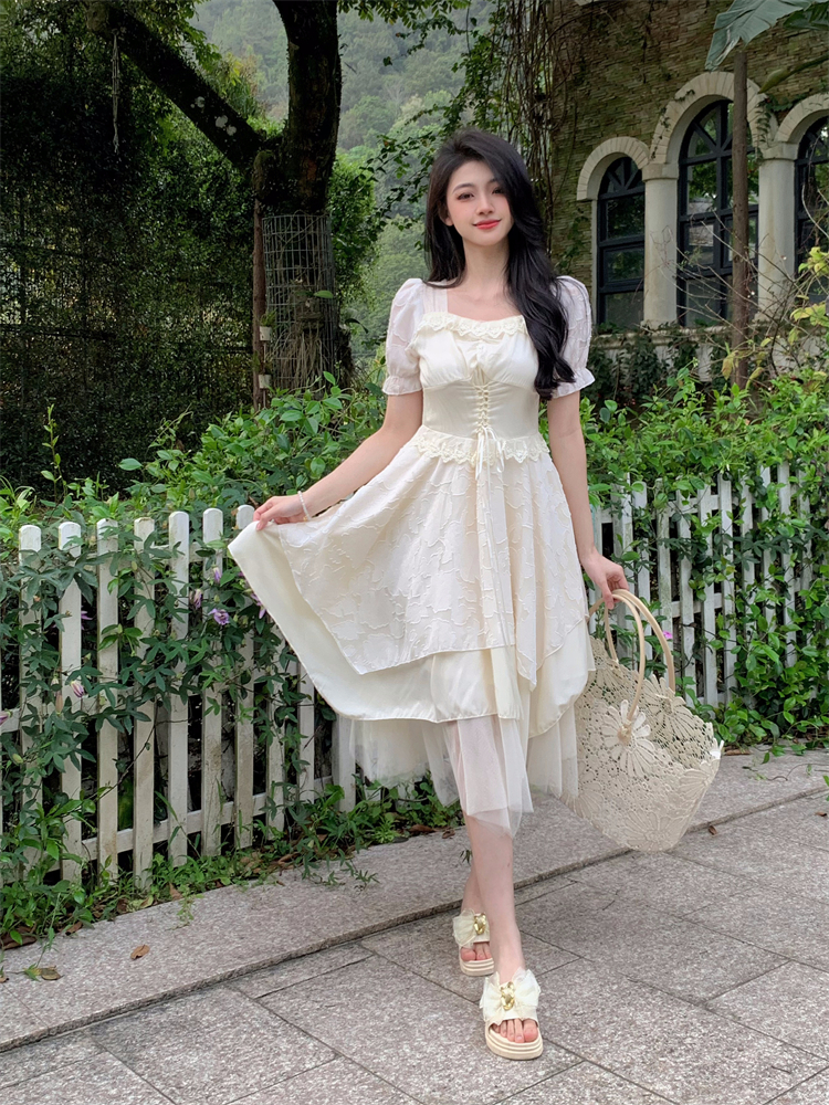 Square collar pinched waist irregular autumn dress for women