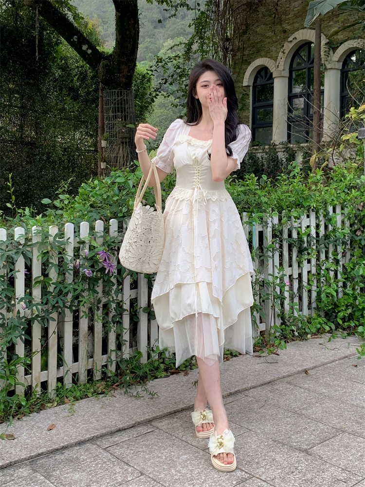 Square collar pinched waist irregular autumn dress for women