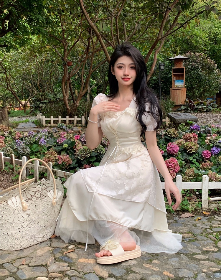 Square collar pinched waist irregular autumn dress for women