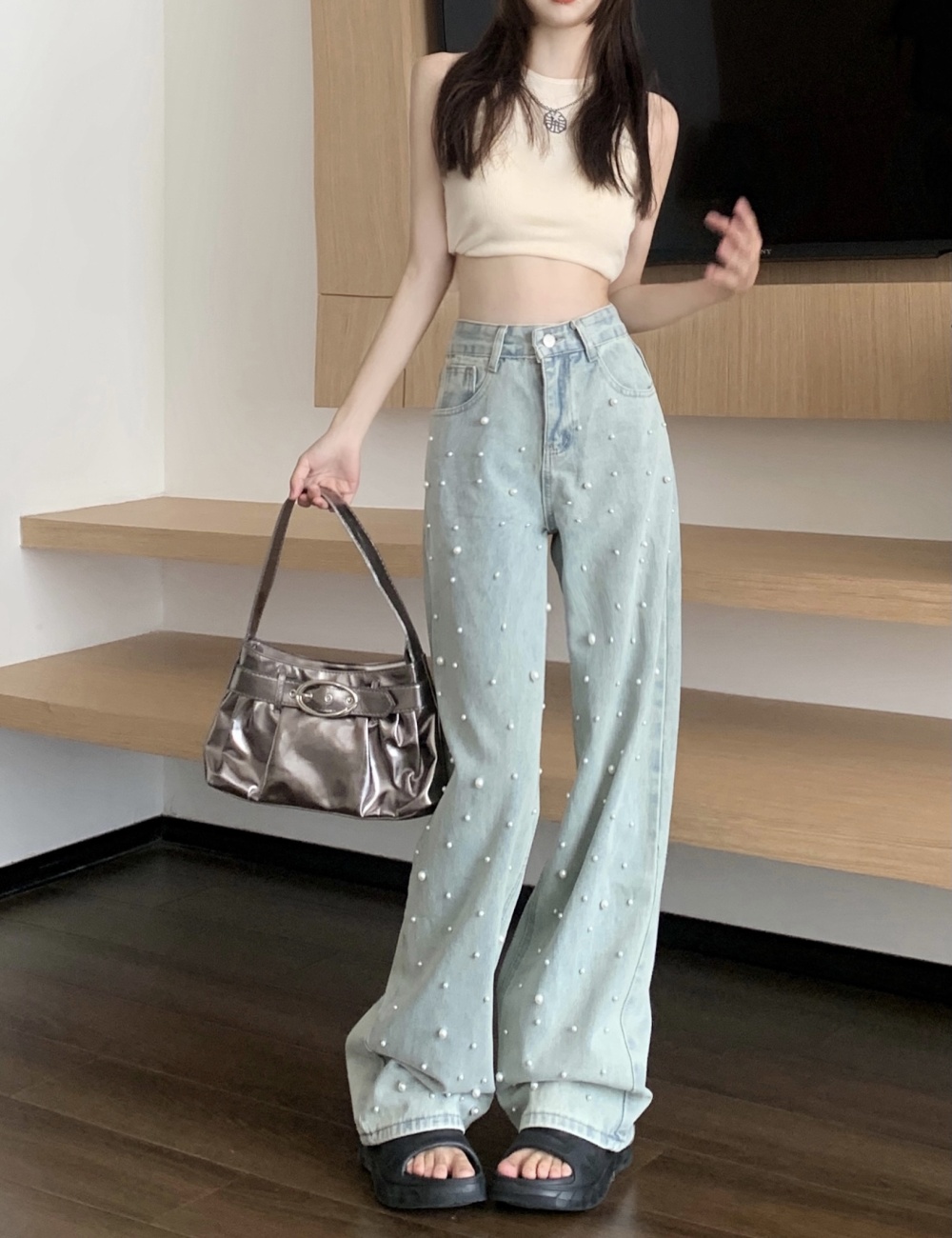 High waist denim long pants mopping wide leg pants for women