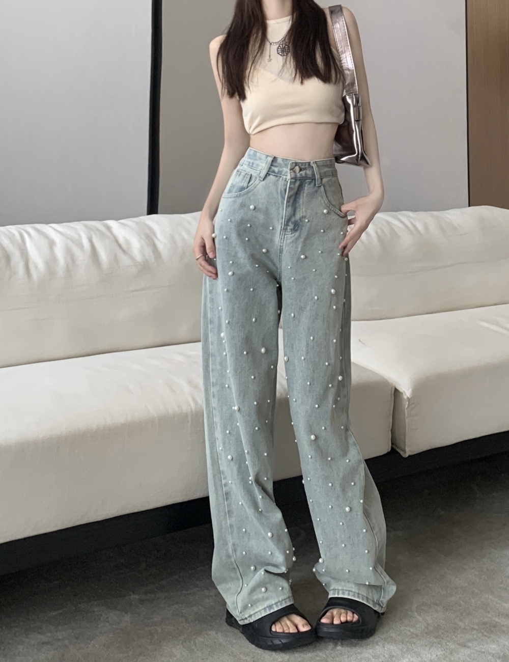 High waist denim long pants mopping wide leg pants for women