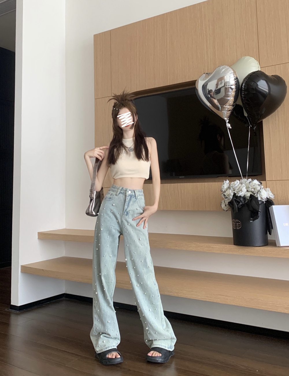 High waist denim long pants mopping wide leg pants for women