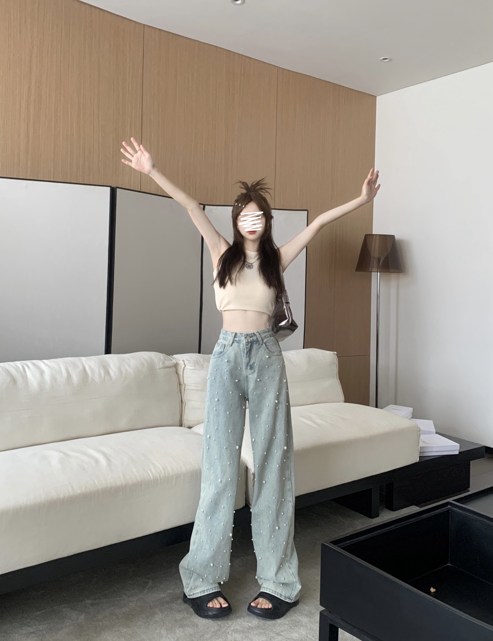 High waist denim long pants mopping wide leg pants for women