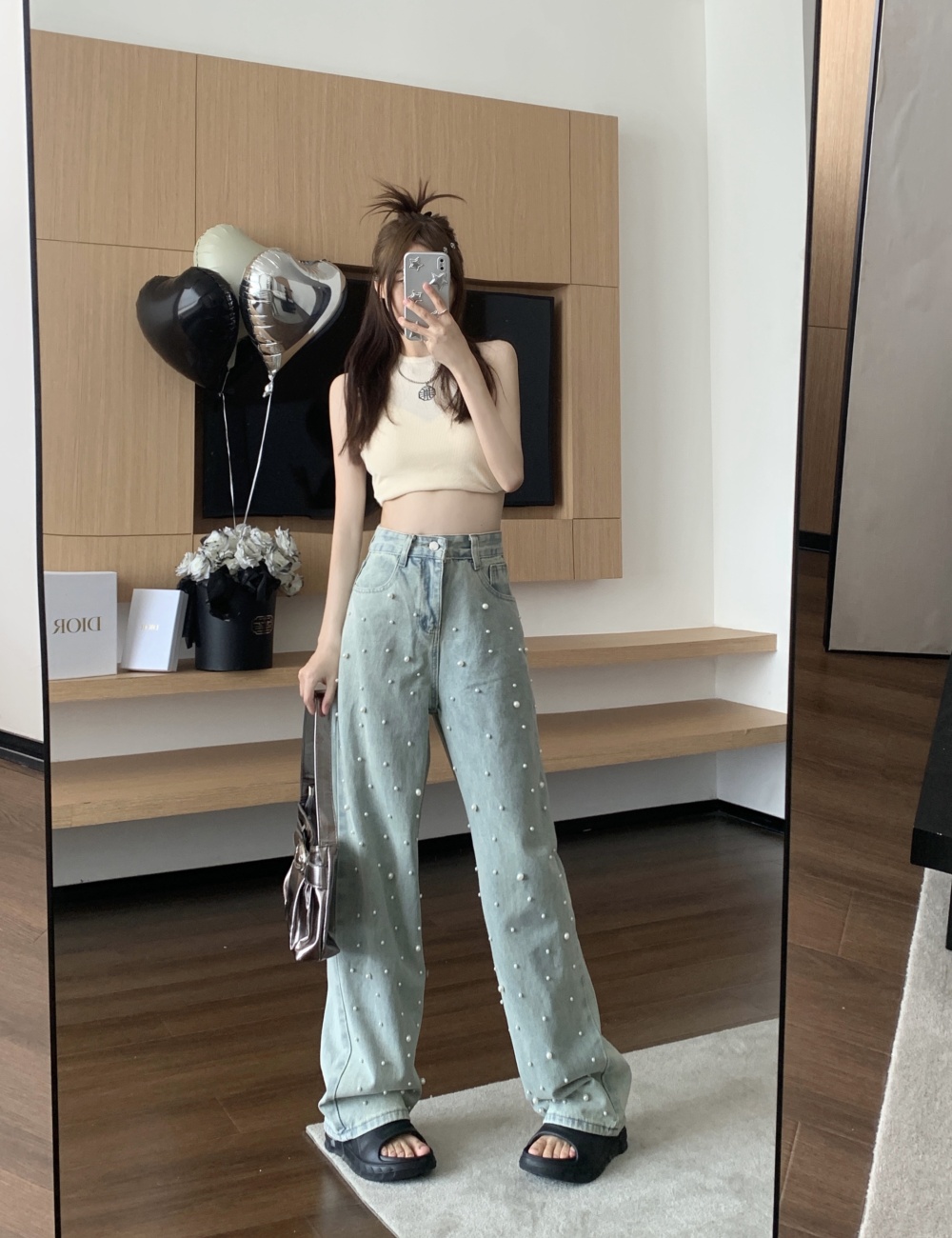 High waist denim long pants mopping wide leg pants for women