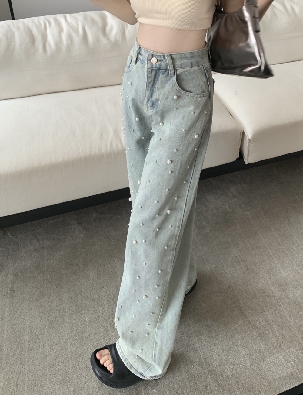 High waist denim long pants mopping wide leg pants for women