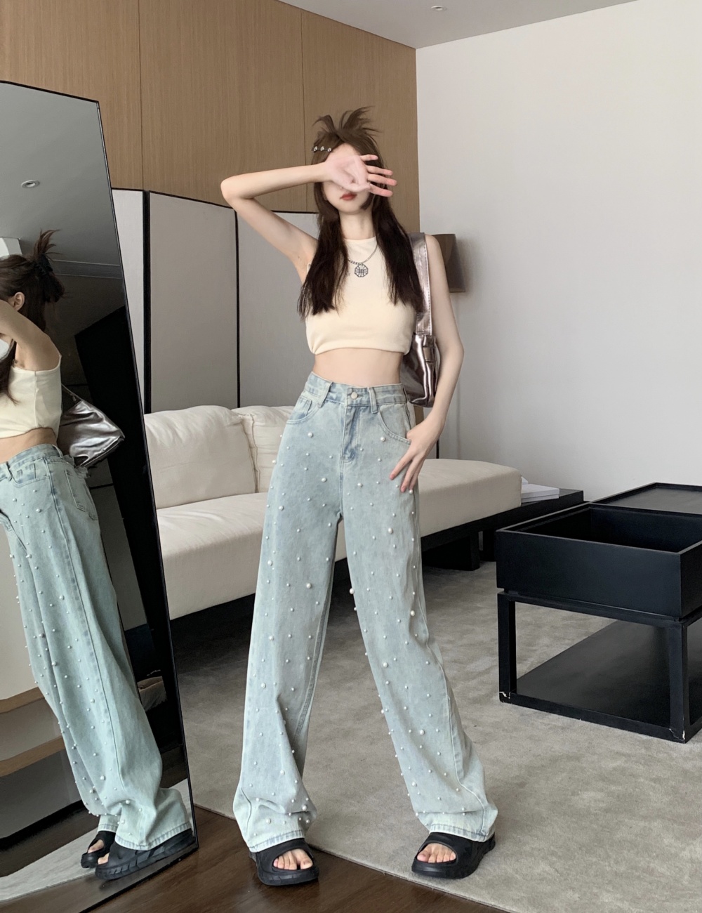 High waist denim long pants mopping wide leg pants for women