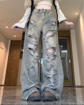 Loose wide leg autumn denim mopping holes pants