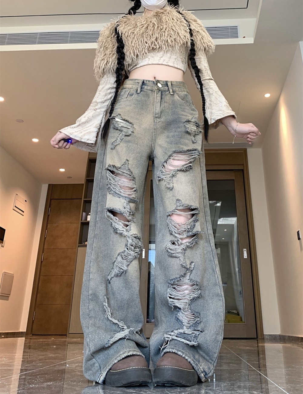 Loose wide leg autumn denim mopping holes pants