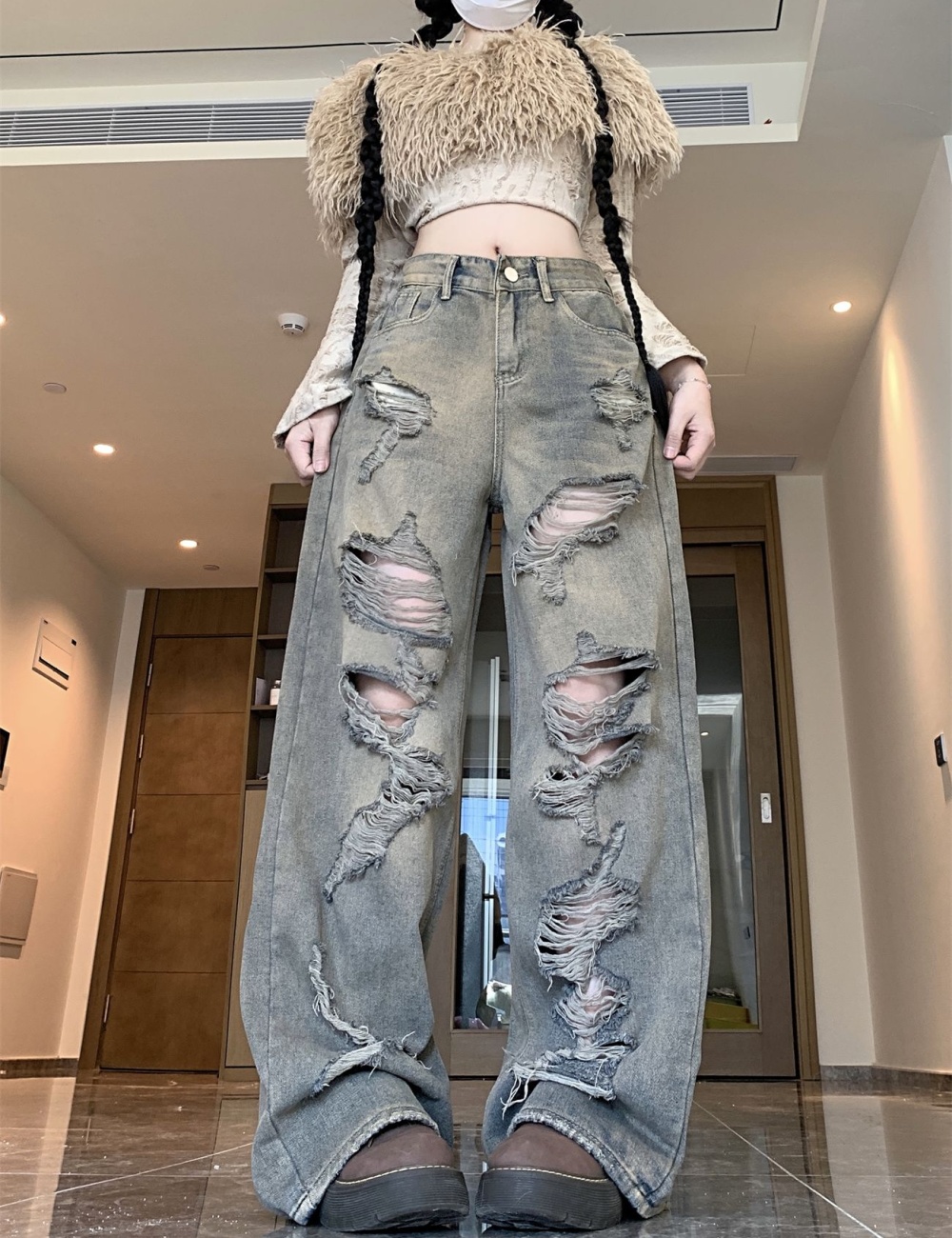 Loose wide leg autumn denim mopping holes pants