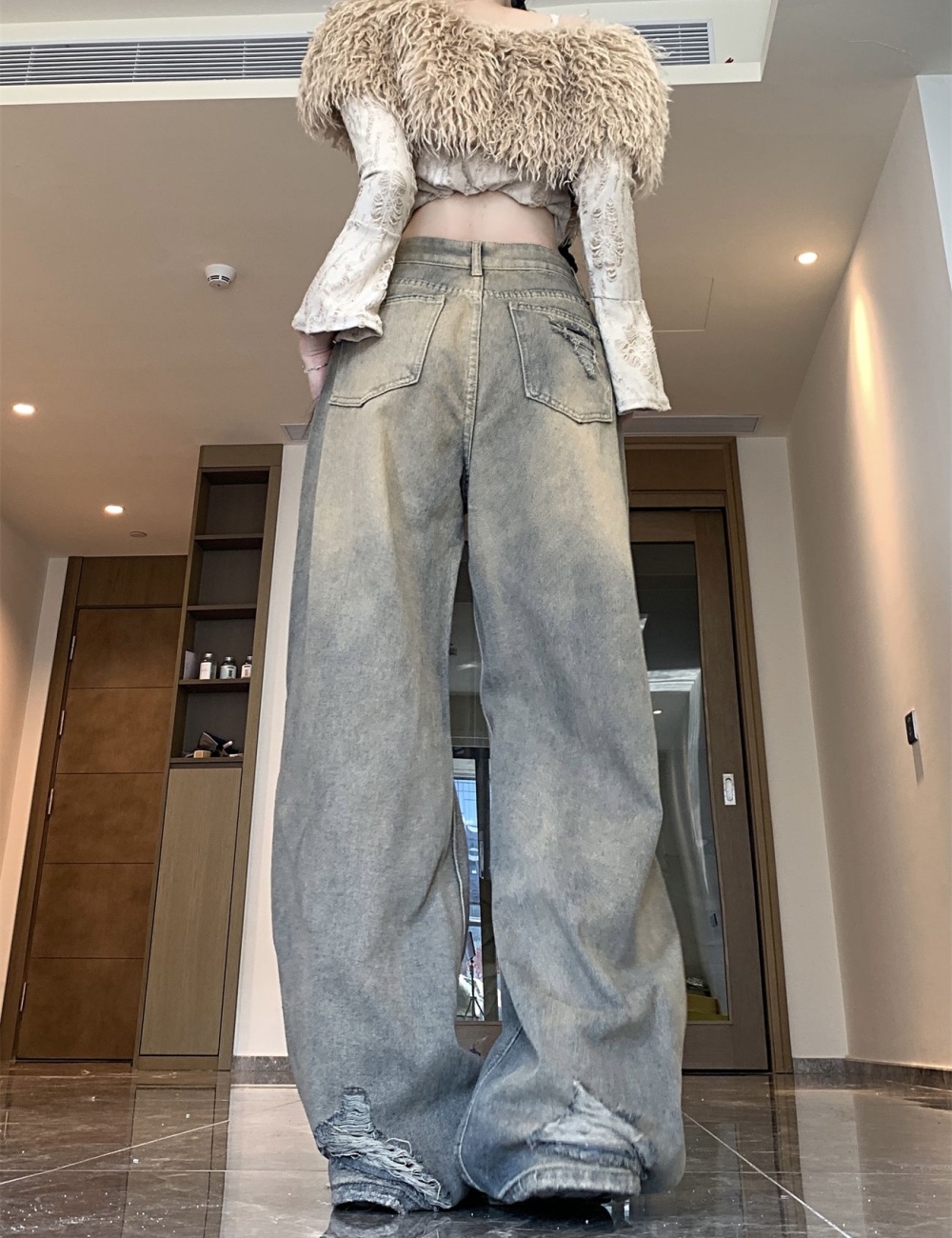 Loose wide leg autumn denim mopping holes pants
