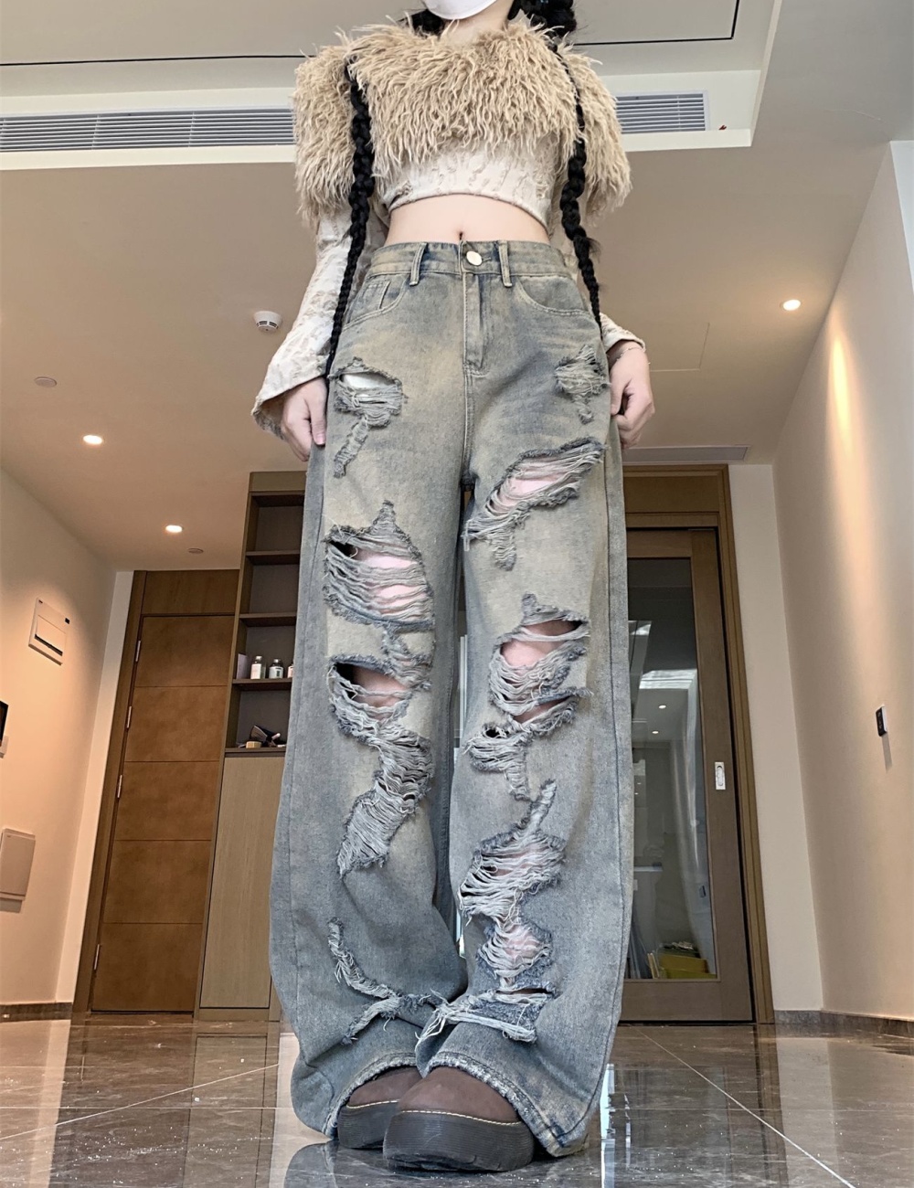 Loose wide leg autumn denim mopping holes pants