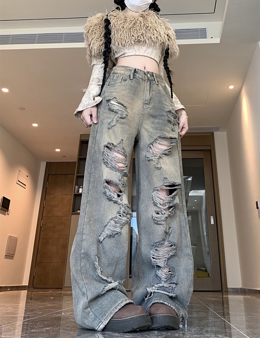 Loose wide leg autumn denim mopping holes pants