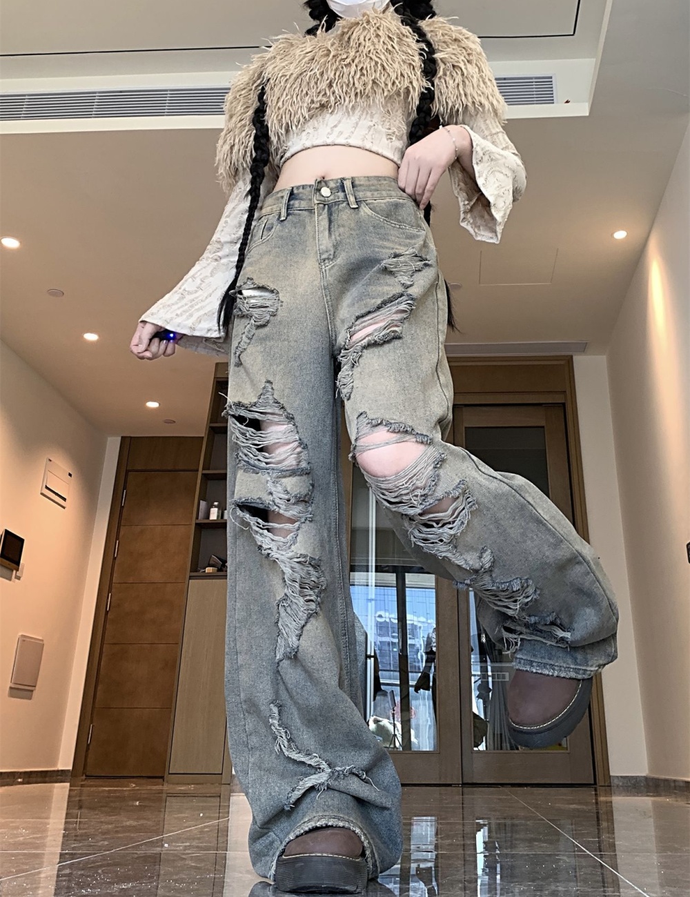 Loose wide leg autumn denim mopping holes pants