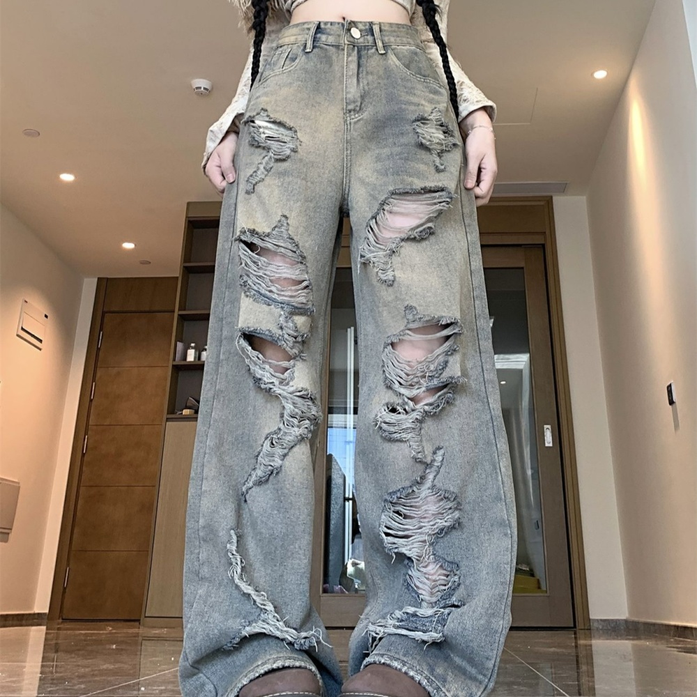 Loose wide leg autumn denim mopping holes pants