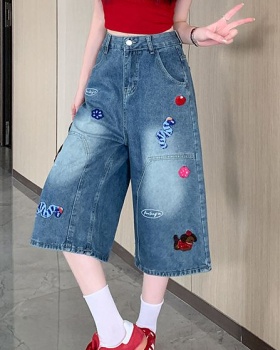 Retro embroidery shorts summer washed cropped pants for women