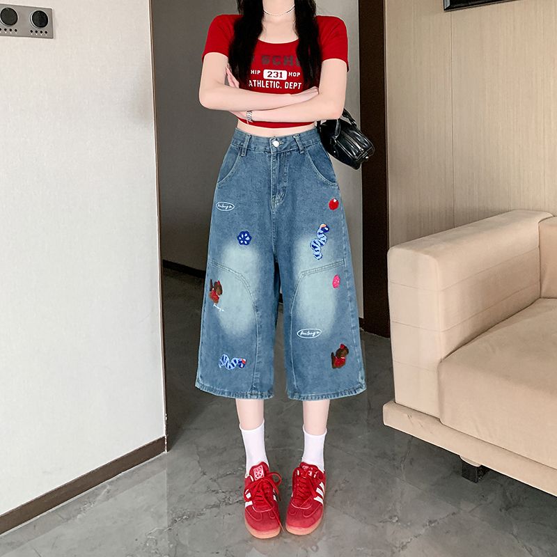 Retro embroidery shorts summer washed cropped pants for women