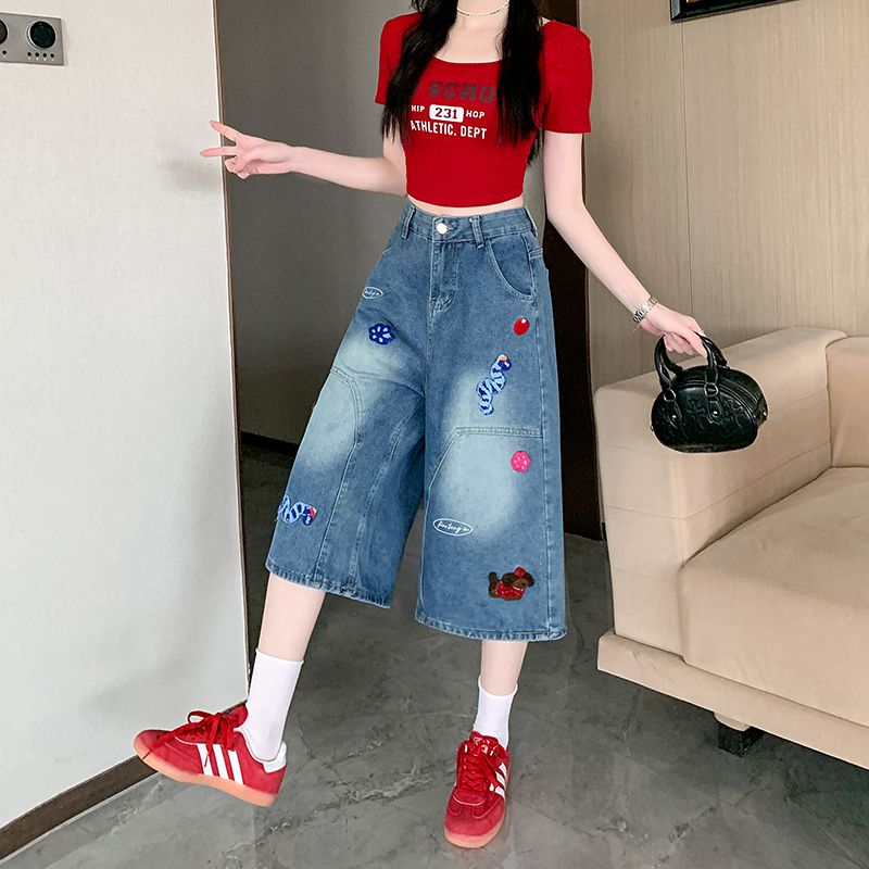 Retro embroidery shorts summer washed cropped pants for women