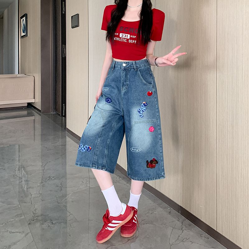 Retro embroidery shorts summer washed cropped pants for women