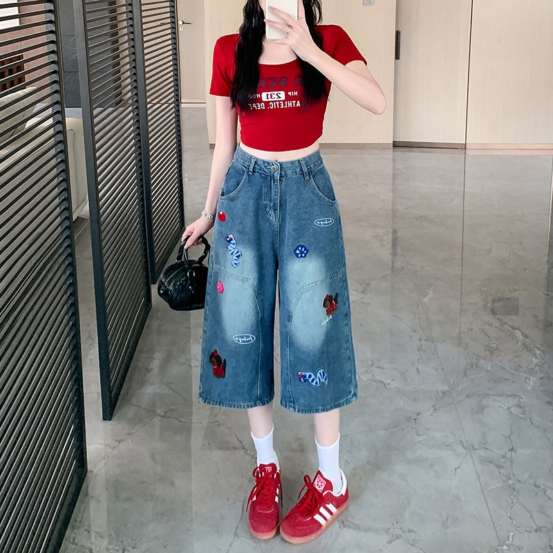 Retro embroidery shorts summer washed cropped pants for women