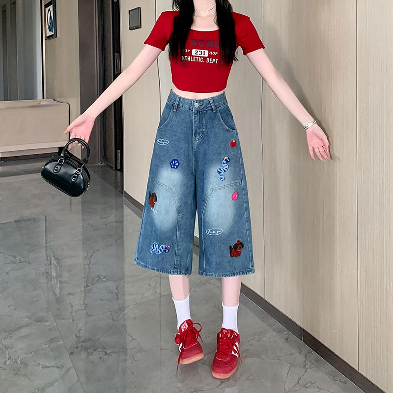 Retro embroidery shorts summer washed cropped pants for women