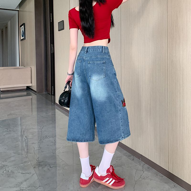 Retro embroidery shorts summer washed cropped pants for women
